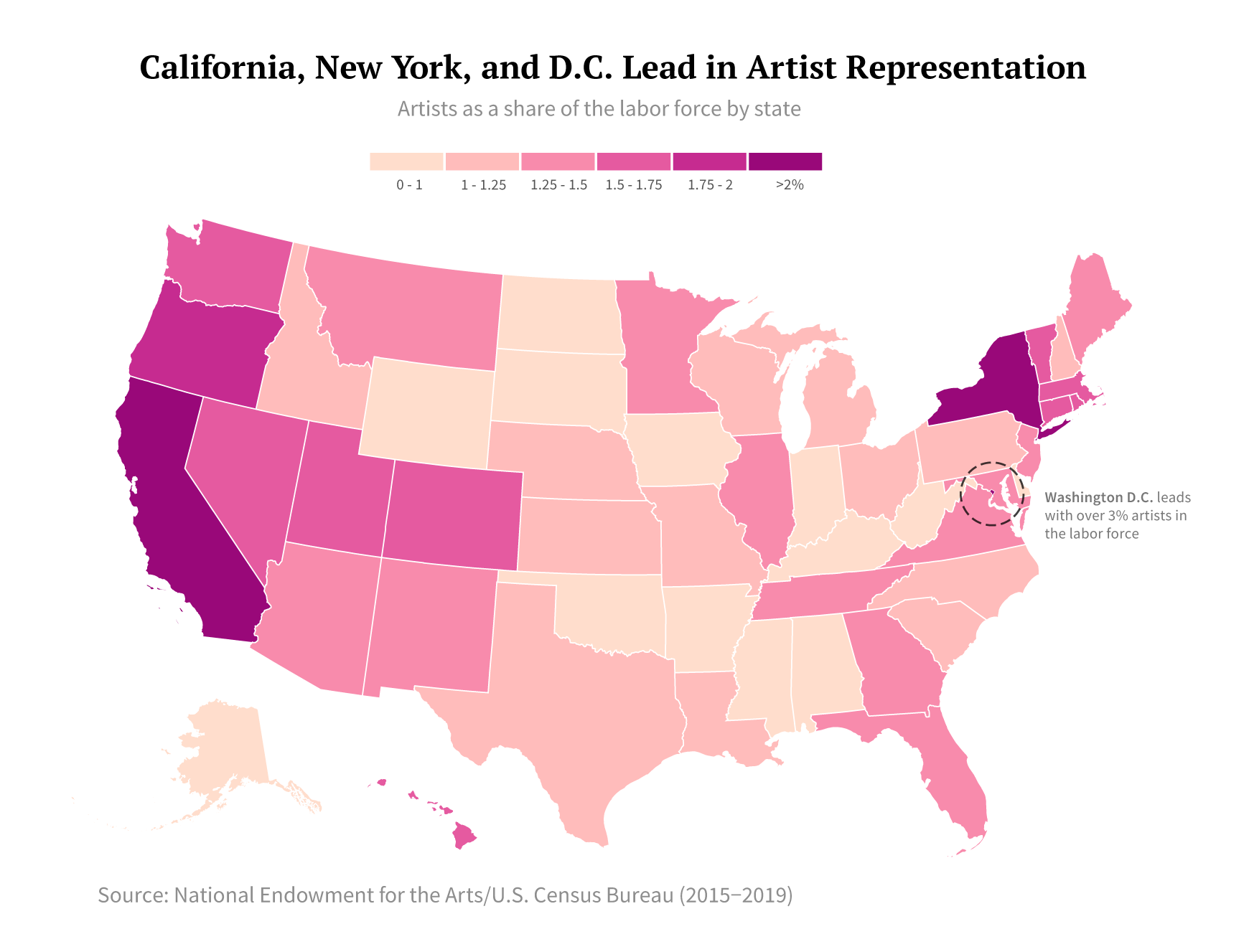 U.S. map of artists as percentage of labor force in each state